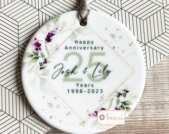 Personalised Wedding Anniversary Names Mr & Mrs 25th 50th 1st 40th Purple Lavender Ceramic or Acrylic Round Decoration Ornament Keepsake