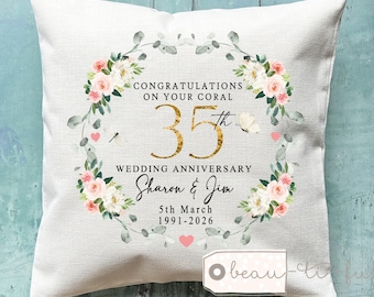 Personalised Coral Wedding anniversary cushion, Coral Anniversary, Personalised gift 35 35th Anniversary gift Cushion, 35th Anniversary