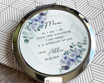 Personalised Mother of Bride Groom As I say I do Thank you Bride Quote Lilac Floral Round Rose Gold Compact Pocket Mirror Wedding Keepsake