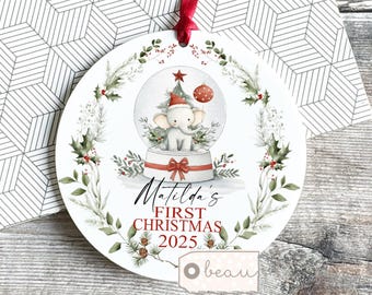 Personalised Baby Babies Baby’s First Christmas Gift Newborn Elephant Santa hat Scene Snowglobe First Bauble Ornament Keepsake New Baby