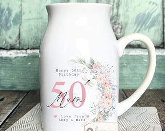 Personalised Birthday gift Special Birthday Milestone 21 30 40 50 60 70 Any age gift Dusky pink Floral Ceramic Small Vase Jug Mug gift mum