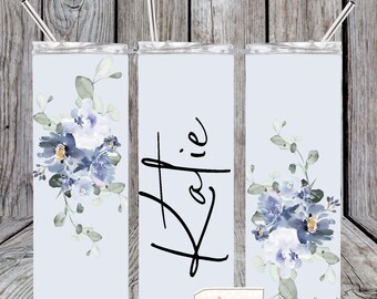Personalised tumbler, Gift for her, Friend gift, Floral stainless steel drink skinny tumbler with straw Travel Mug hot and cold drinks flask