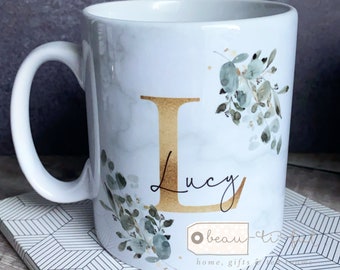 Personalised Name and initial Eucalyptus Ceramic Mug - Tea mug - coffee Mug - Gift mug