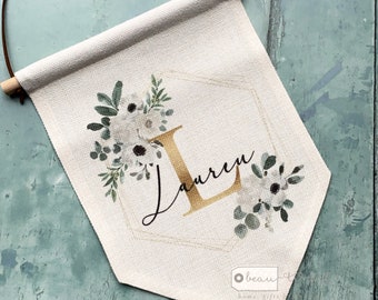 Personalised Name White floral Design Home Quote Linen Style Pennant Flag Room Decor