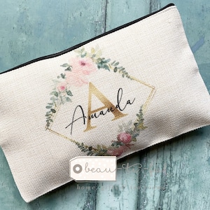 Personalised Gift Name and initial pink Floral Design Linen style Fabric Make up Bag Birthday gift for her mum sister friend