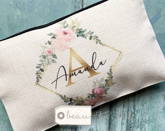 Personalised Gift Name and initial pink Floral Design Linen style Fabric Make up Bag Birthday gift for her mum sister friend