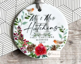 Personalised First Christmas Married Wedding gift Mr Mrs Newlywed Robin Greenery Design Ceramic or Acrylic Round Ornament Keepsake