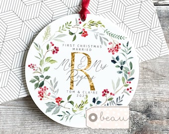 Personalised First Christmas Married Gift Wedding gift Mr Mrs Newlywed Botanical Greenery Design Ceramic or Acrylic Round Ornament Keepsake