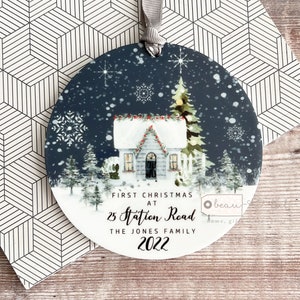 Personalised First Christmas at Address in New Home House New home gift Design Acrylic or Ceramic Round Ornament Keepsake