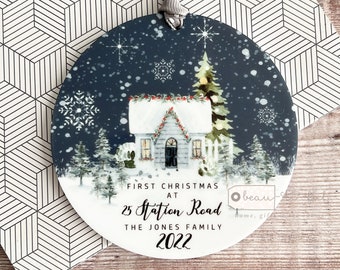 Personalised First Christmas at Address in New Home House New home gift Design Acrylic or Ceramic Round Ornament Keepsake