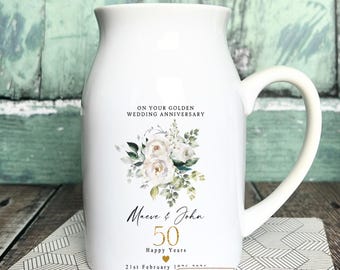 Personalised Golden Anniversary Ceramic Small Vase Mug Jug gift 1st 25 50 40 50 60 Silver Ruby Diamond Wedding Anniversary gift Floral