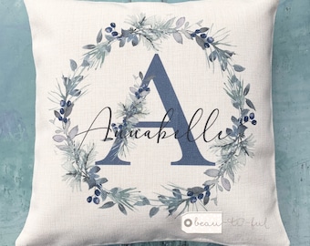 Personalised Name and initial  Blue winter white Floral Design Home Quote Linen Style Cushion cover