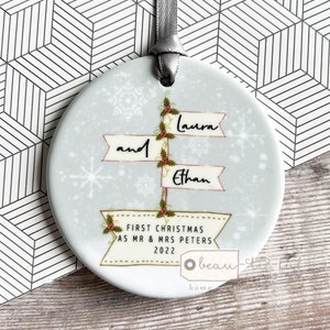 Personalised Wedding gift Christmas gift First Christmas Married Mr Mrs Newlywed signpost Design Ceramic or Acrylic Round Ornament Keepsake