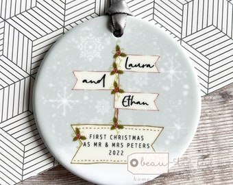 Personalised Wedding gift Christmas gift First Christmas Married Mr Mrs Newlywed signpost Design Ceramic or Acrylic Round Ornament Keepsake