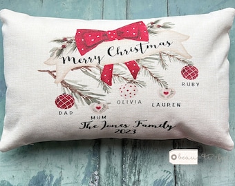 Personalised Christmas Family Names Home Baubles Holly Foliage Greenery Design Home Quote Linen Style Cushion cover