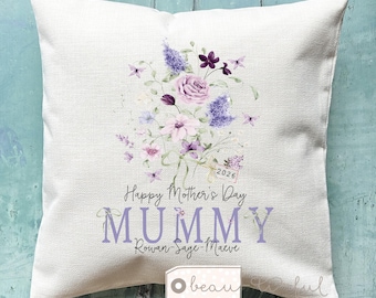 Personalised Happy Mother’s Day gift Mummy Nanny Grandma Momma Mommy Mammy Nanna Auntie Bunny Floral Linen Style Cushion New baby