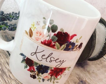 Personalised Name and initial Burgundy Navy floral Mug - Gift mug - Tea mug- Coffee mug
