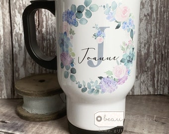 Personalised Name Lilac Floral Travel Mug - coffee mug - tea mug- hot drink cup