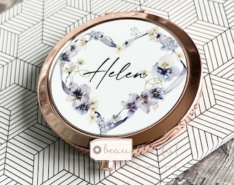 Personalised Name and Initial Lilac Ribbon heart Floral Round Rose Gold Compact Pocket Mirror Keepsake