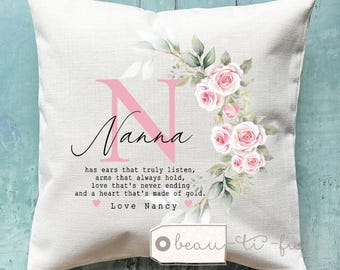 Personalised Grandma Mum Nanna Nanny Auntie Mom Mam Quote Floral Home Quote Linen Style Cushion Mother’s Day Birthday Easter gift