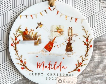 Personalised Happy Christmas Woodland Sleigh scene Mouse Acrylic or ceramic Round Ornament Keepsake Tree Decoration Child boy girl gift