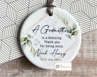 Personalised Thank you Godmother Gift Godfather Godparents Christening Baptism Quote greenery Ceramic or Acrylic Round Ornament Keepsake