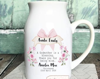 Personalised Godmother Godfather Godparents Gift Thank you Christening Baptism godchild goddaughter Floral Heart Small mug jug vase gift