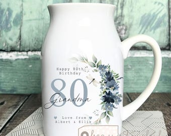 Personalised Birthday gift Special Birthday Milestone 21 30 40 50 60 70 Any age gift blue Floral Ceramic Small Vase Jug Mug gift mum grandma