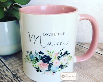Personalised Loveliest… Mum gift Blue pink Greenery Wreath Ceramic Mug - Tea mug - coffee Mug - Gift mug Mum Sister Grandma Teacher