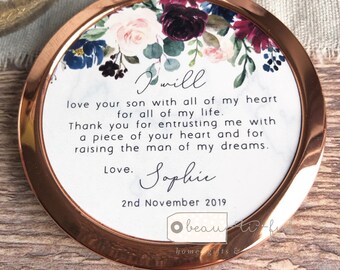 Personalised Mother of Bride Groom I will love your son daughter Thank you Quote Burgundy Navy Rose Gold Compact Pocket Mirror Wedding Gift