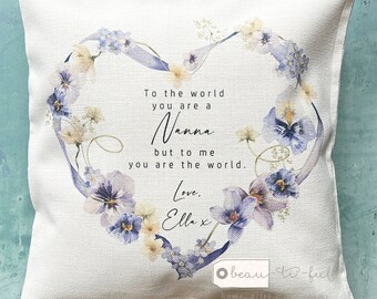 Personalised To the world you are a.. Mum Nanny Grandma Nan Gran Quote Lilac Ribbon Floral Design Home Quote Linen Style Cushion cover