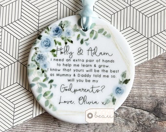 Personalised Will you be my Godmother gift Godfather Godparents Proposal Christening Baptism Pale blue Greenery Ceramic or acrylic Keepsake