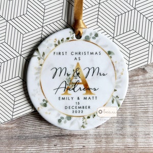 Personalised First Christmas Married Mr Mrs Newlywed Botanical Greenery Design Ceramic or Acrylic Round Ornament Keepsake