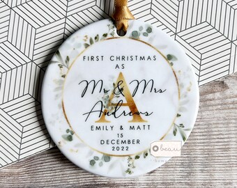 Personalised First Christmas Married Mr Mrs Newlywed Botanical Greenery Design Ceramic or Acrylic Round Ornament Keepsake