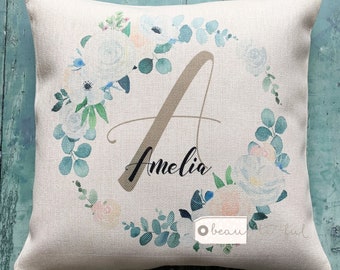 Personalised gift Name and initial Rose Greenery Wreath Design Home Quote Linen Style Cushion cover