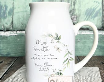 Personalised Thank you Teacher gift Teaching Assistant Nursery Teacher Mentor Helping me to grow quote Ceramic Small Jug Mug Vase gift