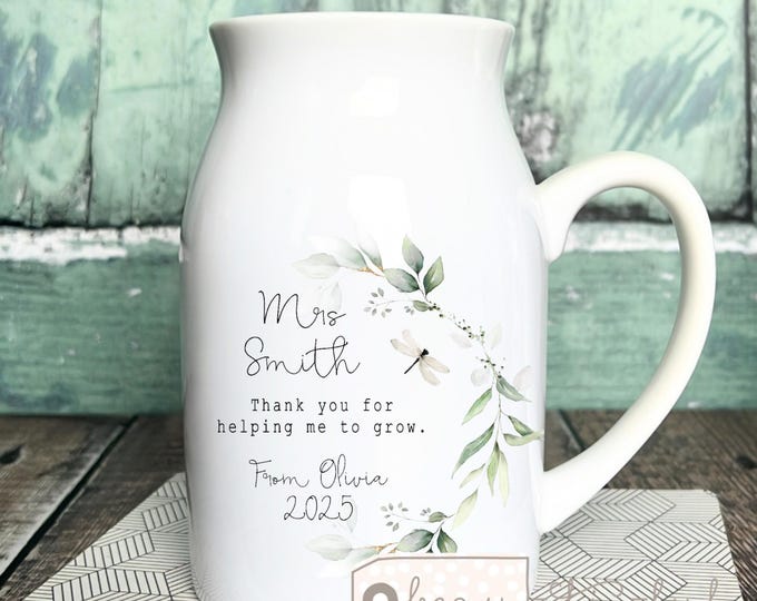 Featured listing image: Personalised Thank you Teacher gift Teaching Assistant Nursery Teacher Mentor Helping me to grow quote Ceramic Small Jug Mug Vase gift