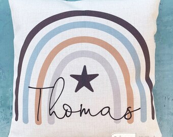 Personalised Name Blue Boy Rainbow Design Home Quote Boho Linen Style Cushion cover