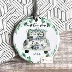 Personalised First Christmas gift Mr & Mrs Wedding gift Lilac Greenery Vintage car Ceramic or acrylic Round Decoration Ornament Keepsake