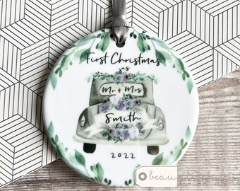 Personalised First Christmas gift Mr & Mrs Wedding gift Lilac Greenery Vintage car Ceramic or acrylic Round Decoration Ornament Keepsake