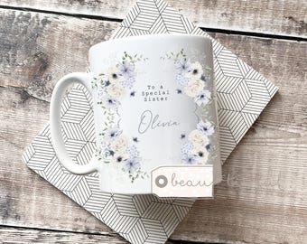 Personalised Special Sister Auntie Mum Nan Nanna Grandma Teacher Friend Gift Blue Greenery Wreath Ceramic Mug Gift mug Nanny Gift for her