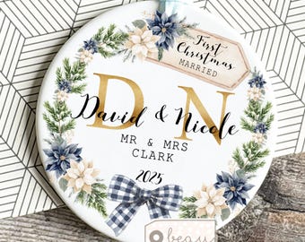 Personalised First Christmas Married Gift Wedding gift Mr Mrs Newlywed Bride Groom Botanical Greenery Wedding gift Bauble Ornament Keepsake