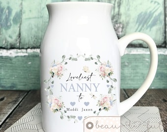 Personalised Loveliest Mum Gran Nanna Nanny Grandma Gift Wreath Wildflower Flower Floral ceramic Jug Vase mug Birthday Gift Bud vase for her
