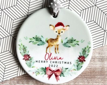 Personalised Merry Christmas Woodland Deer Santa hat Signpost Acrylic or ceramic Round Ornament Keepsake Tree Decoration Child boy girl gift