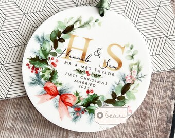 Personalised First Christmas Married Wedding gift as Mr Mrs Gift Newlywed Bow wreath Greenery Ceramic or acrylic Round Ornament Keepsake