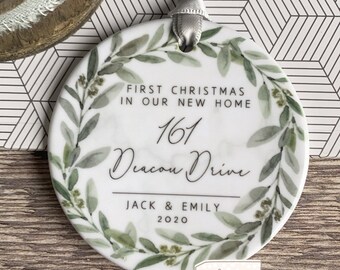 Personalised First Christmas Gift at Address New Home Gift Eucalyptus Botanical Greenery Design Ceramic or Acrylic Round Ornament Keepsake