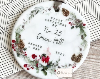 Personalised First Christmas at Address New Home Gift Holly Foliage Wreath Candle Design Ceramic or Acrylic Round Ornament Keepsake