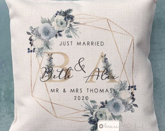 Personalised Wedding gift Newlywed Just Married Mr Mrs Home Quote Blue winter white Floral Greenery Home Quote Linen Style Cushion cover