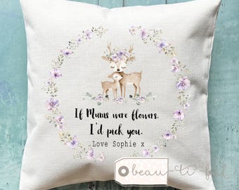 Personalised Mother’s Day gift Mummy Nanny Grandma Momma Mommy Mammy Nanna Auntie Hedgehog Deer Floral Linen Style Cushion New baby