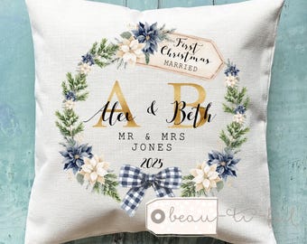 Personalised First Christmas Married Gift Newlyweds Bride and Groom New home house gift Greenery Wreath Home Quote Linen Style Cushion